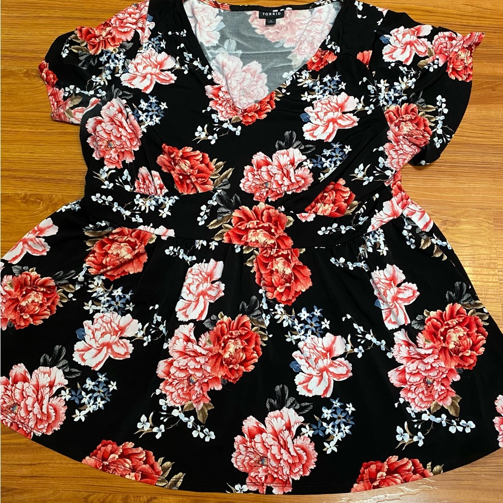 Torrid Black and Red Floral Blouse